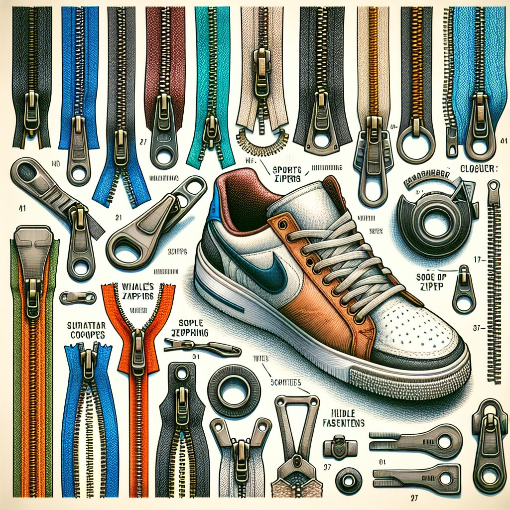 Różnorodne zamki błyskawiczne i buty sportowe, ilustrujące materiały używane w produkcji