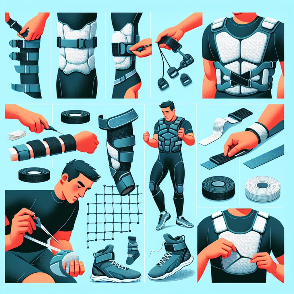 Ilustracja przedstawia różne zastosowania rzepów samoprzylepnych w sprzęcie sportowym oraz ich łatwość użycia