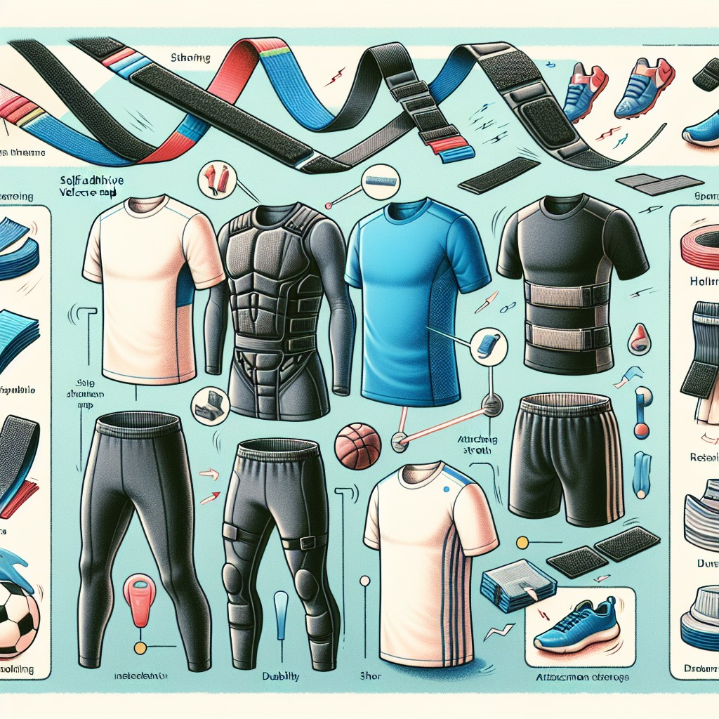 Ilustracja przedstawia różne elementy odzieży sportowej z rzepami samoprzylepnymi oraz akcesoriami do ich mocowania