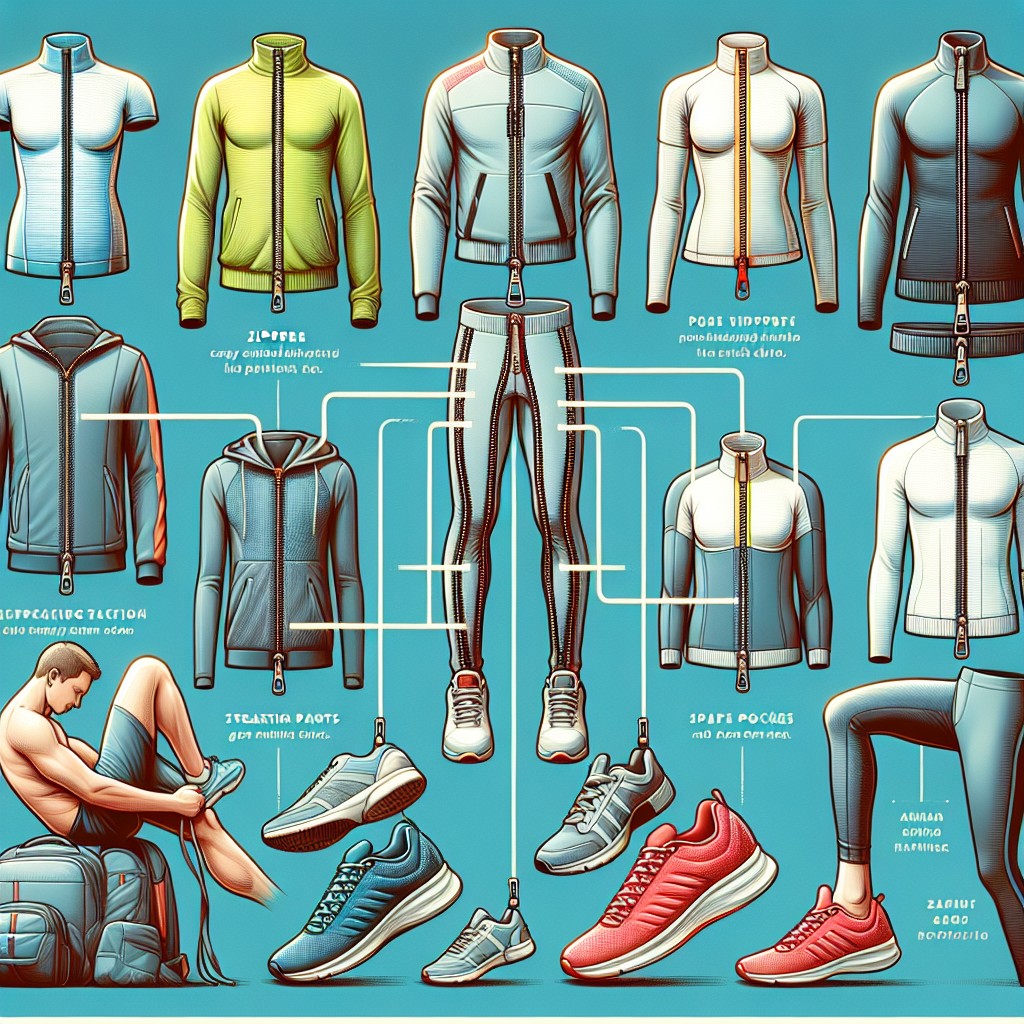 Ilustracja przedstawiająca różne modele odzieży sportowej z taśmami suwakowymi oraz obuwiem sportowym